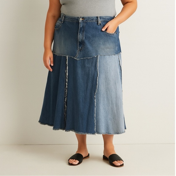 Wrangler x Vintage Reworked Upcycled Pieced Denim Midi Skirt Plus Size - Picture 2 of 11